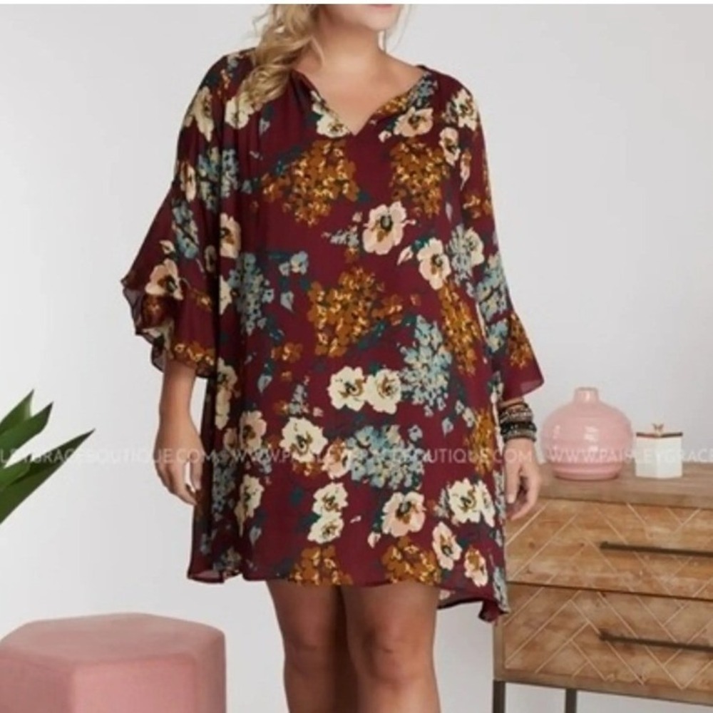 Umgee Floral Dress XL Red Burgundy Ruffle Bell Sleeve Boho Womens